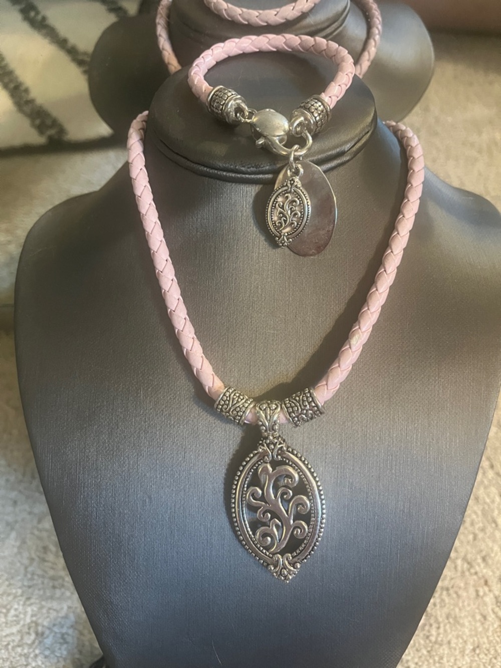 Pink Braided Leather Necklace with Silver Tone Filigree Pendant